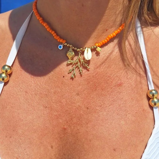 Bohemian Pendant Necklace - Shell, Strawberry & Devil’s Eye Charm Jewelry for Beach Vacation and Party Style