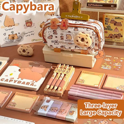INS Capybara Four-Layer Large Capacity Pen Bag - Cute Cartoon Pencil Case, Stationery Organizer & Storage Bag for Students, Perfect Gift