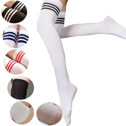 Sexy Striped Thigh High Socks for Women – Long Nylon Over Knee Stockings & Leg Warmers