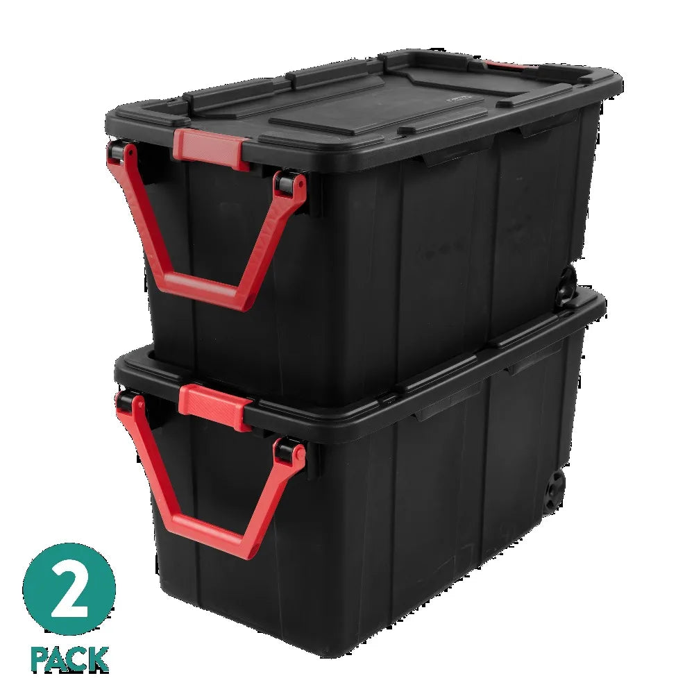 Sterilite 40 Gallon Extra Large Storage Bin - Wheeled Plastic Storage Container with Handle, Black, 2-Pack