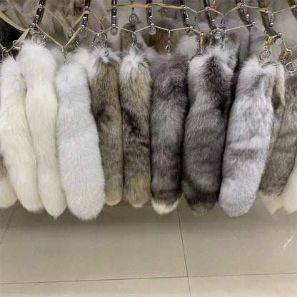 Natural Fox Fur Tail Keychain – 40cm Furry Racoon Bag Charm & Fluffy Keyring Accessory for Women