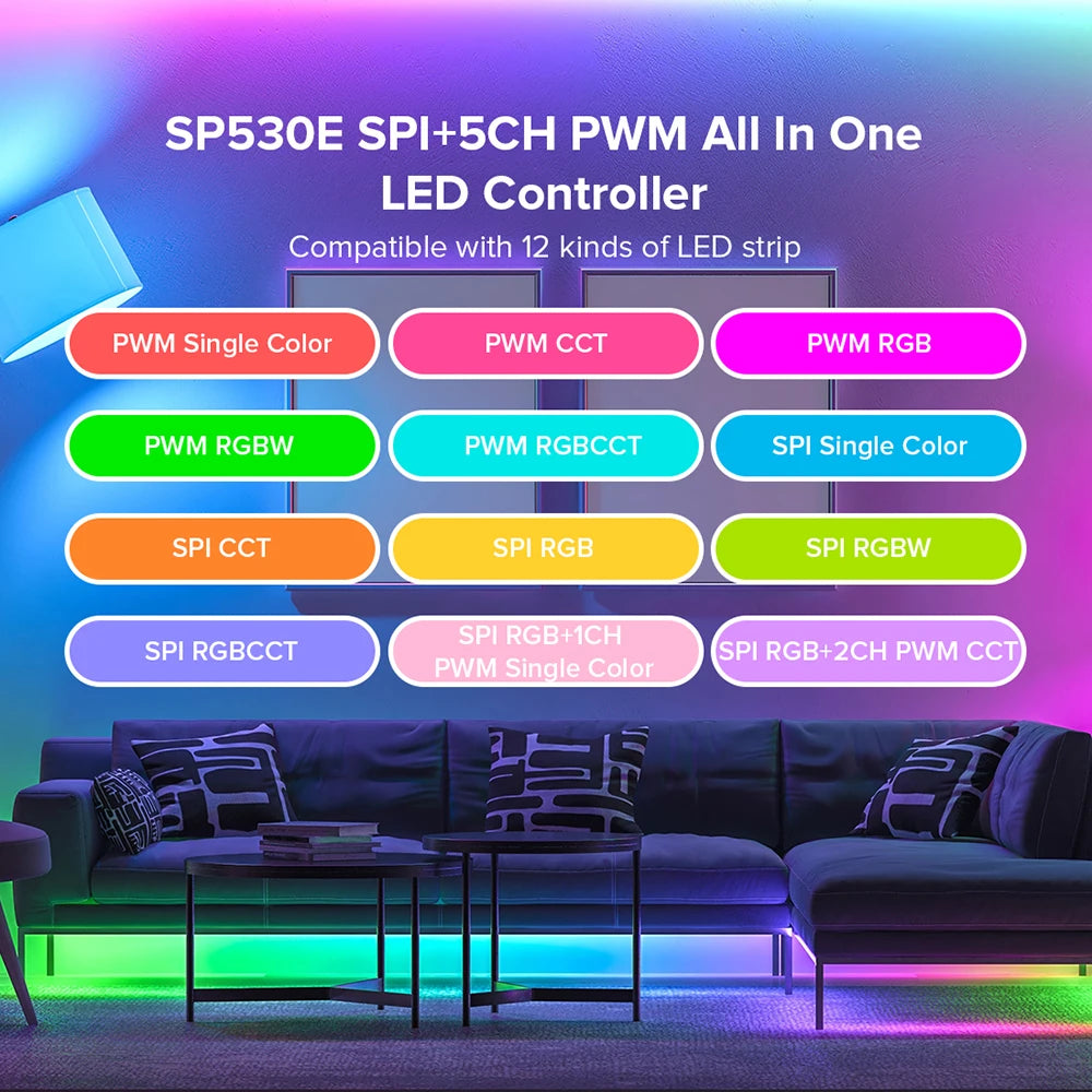 SP530E/SP630E All-in-One WiFi LED Controller, 5CH PWM SPI Pixel LED Strip Control, Compatible with WS2811 WS2812B SK6812 FCOB, Alexa & Google Home Support, Bluetooth Smart Lighting Module