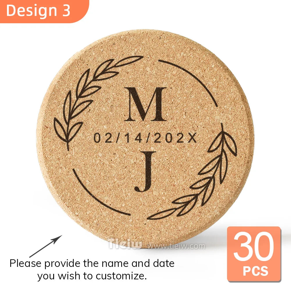 30-Piece Personalized Cork Coaster Set - Custom Tie Design Wedding Favors, Bridal Shower Gifts and Corporate Party Keepsakes