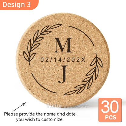 30-Piece Personalized Cork Coaster Set - Custom Tie Design Wedding Favors, Bridal Shower Gifts and Corporate Party Keepsakes
