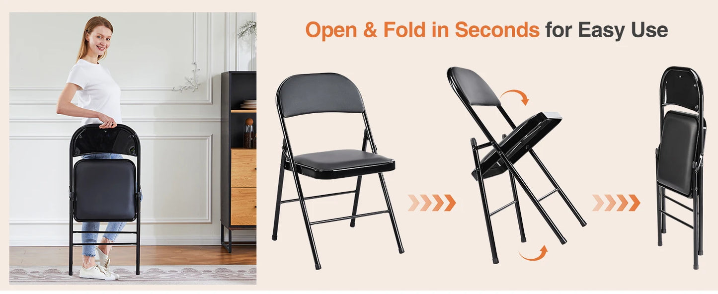 Leather Padded Folding Chairs – 4 Pack Sturdy Metal Rocking Dining Chairs for Living Room, Outdoor & Office