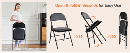 Leather Padded Folding Chairs – 4 Pack Sturdy Metal Rocking Dining Chairs for Living Room, Outdoor & Office