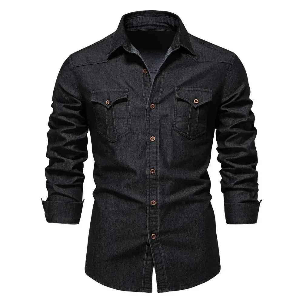 AIOPESON Men's Cotton Denim Shirt - Long Sleeve Slim Fit Casual Cowboy Style Shirt