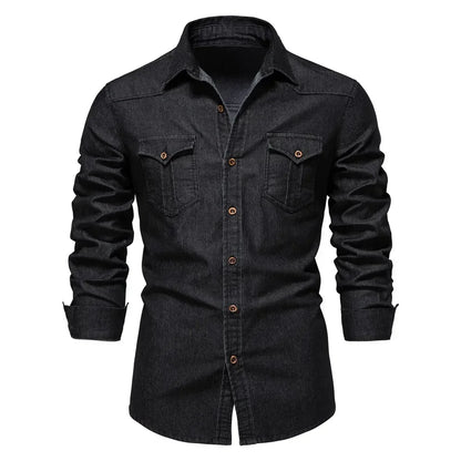 AIOPESON Men's Cotton Denim Shirt - Long Sleeve Slim Fit Casual Cowboy Style Shirt