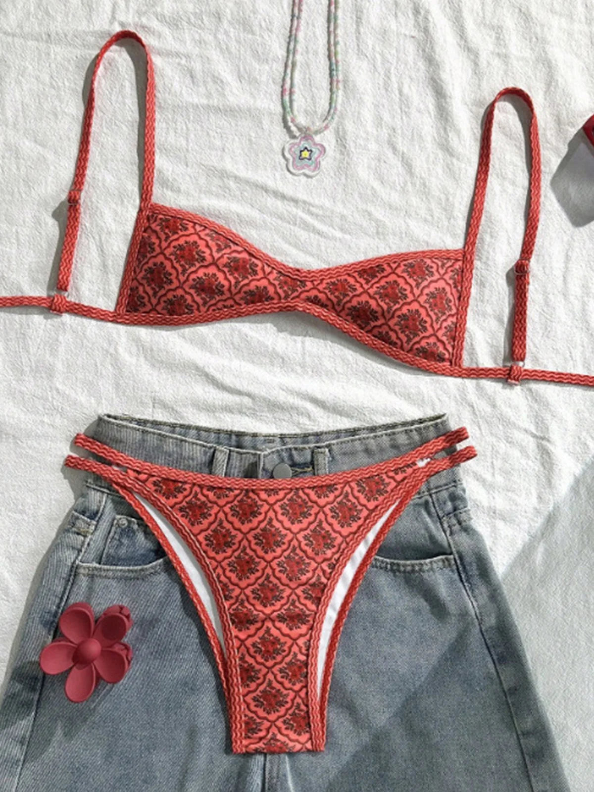 Floral Print High Leg Bikini Set - Women's Two Piece Swimsuit High Cut Beach Swimwear