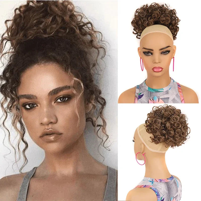 Synthetic Messy Curly Hair Bun – Short Loose Wave Updo Ponytail, Blonde Chignon Hairpiece, Heat-Resistant Extensions for Women