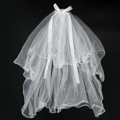 White Tulle Bow Veil Hairpin with Pearls – Elegant Bridal & Bachelorette Hair Clip for Weddings, Parties, and Gifts