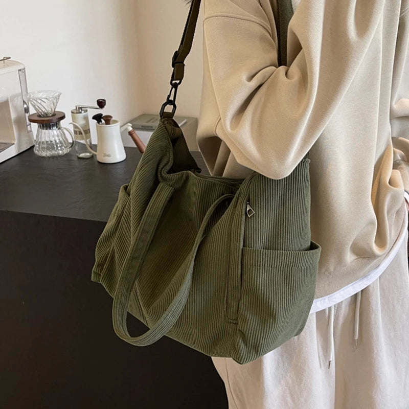Corduroy Tote Bag - Women's Multi-Pocket Crossbody Shoulder Bag with Adjustable Strap