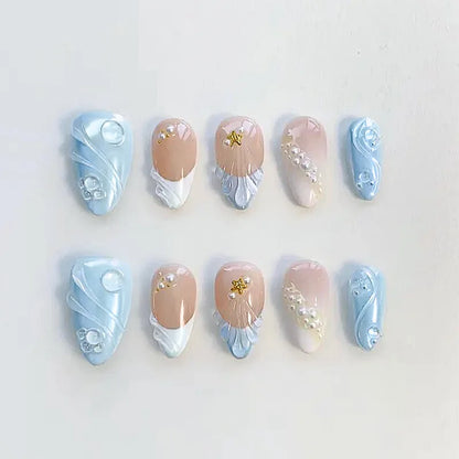 24PCS Strawberry Bow Press On Nails - Red Short Almond Pearl Starlight Floral False Nail Art Tips