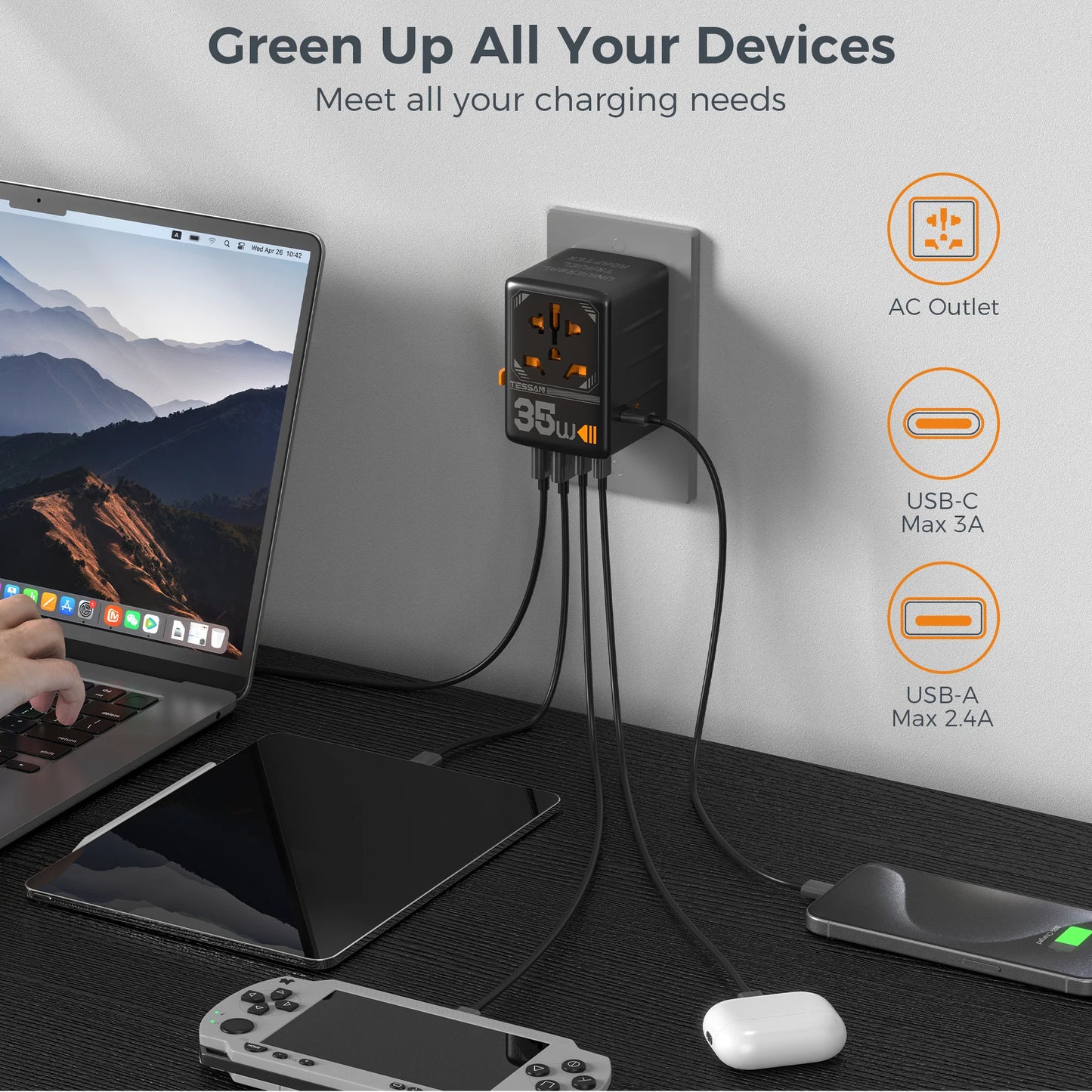 TESSAN 65W GaN International Travel Adapter – USB Type-C Universal Power Adapter with EU/UK/USA/AUS Plugs