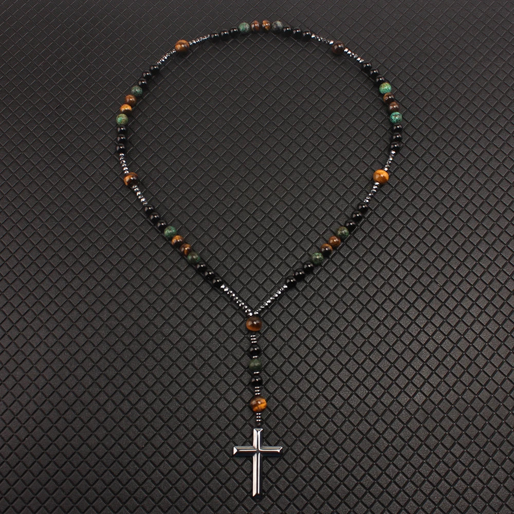 Natural Stone African Turquoise & Tiger Eye Rosary Necklace – Beaded Cross Pendant Religious Jewelry for Men & Women Spiritual Gift