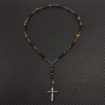 Natural Stone African Turquoise & Tiger Eye Rosary Necklace – Beaded Cross Pendant Religious Jewelry for Men & Women Spiritual Gift