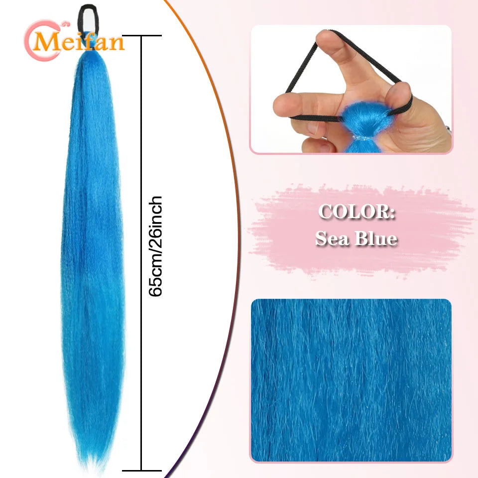 MEIFAN Synthetic Color Braid Ponytail Extension – Red, Green, Blue, Pink, Straight Hair Wrap Around with Elastic Tie