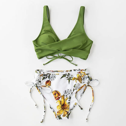 Vzvn Women’s Vintage Print Bikini Set - Cross Pleated Backless Lace-Up Two Piece Swimwear