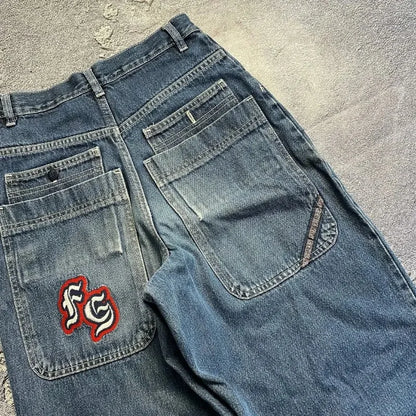 Y2K Embroidered Loose Jeans - Unisex Harajuku Streetwear Retro Hip-Hop Pants