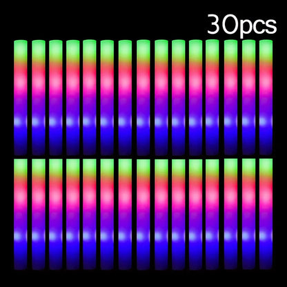 15/30PCS LED Glow Sticks Bulk – Colorful RGB Foam Light-Up Cheer Tubes for Christmas, Birthday, Wedding & Party Supplies