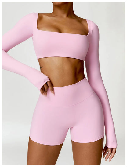 Hearuisavy 2PCS Long Sleeve Gym Set for Women, Quick-Drying Yoga Clothes, Sportswear, Running Leggings, Workout Sports Crop Top