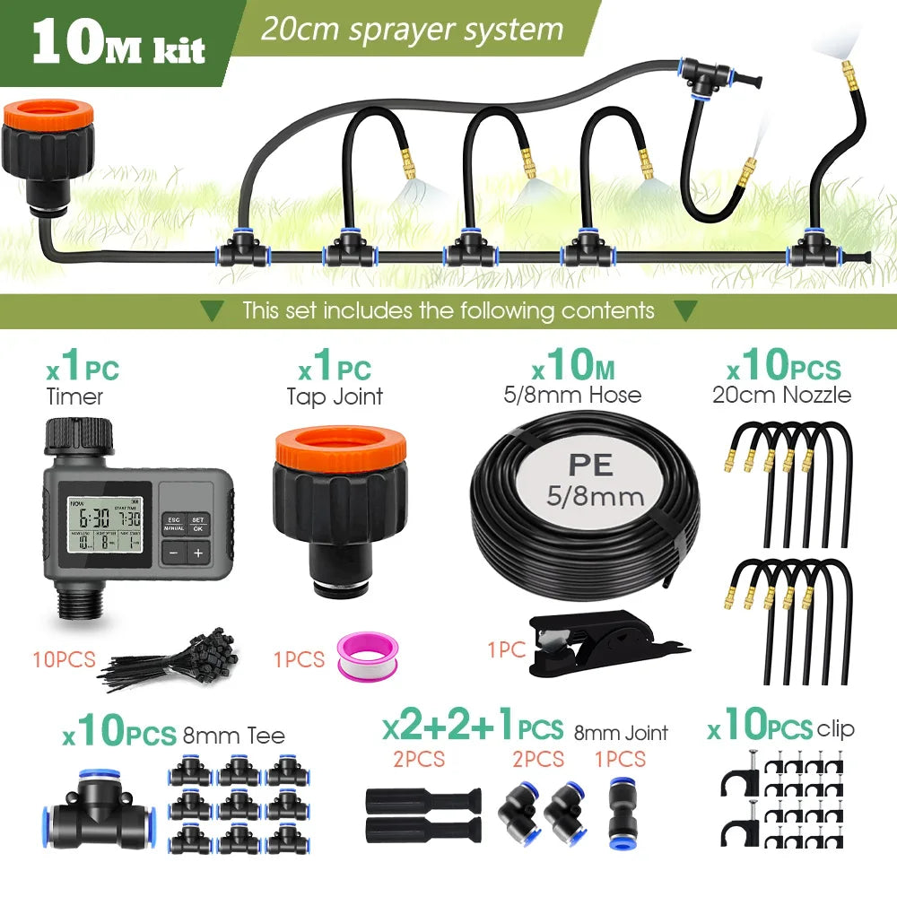 Garden Programmable Misting Timer System – 360° Adjustable Atomizer Nozzles, Outdoor Cooling & Watering Sprinkler Kit
