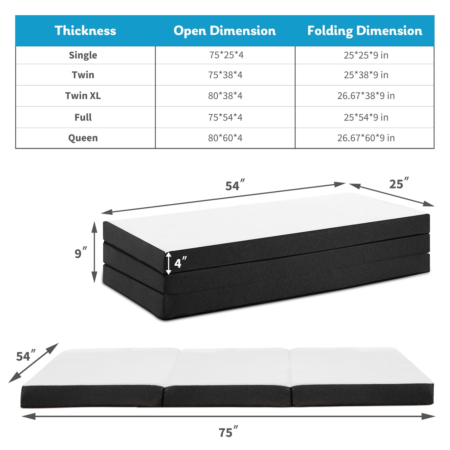JHK Three-Fold Portable Floor Bed – CertiPUR-US Certified, Soft & Flexible Zipper Mattress for Travel, Camping, and Yoga