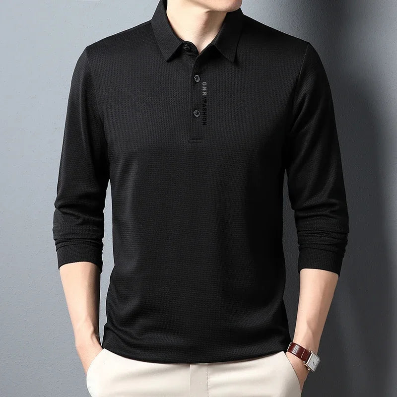 Men's Waffle Long Sleeve Polo Shirt - Letter Print Casual Lapel Top