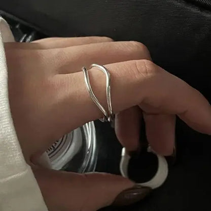 925 Sterling Silver Open Ring — Handmade Geometric Irregular Cross Lines for Women