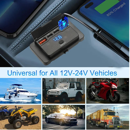 Car Charger Socket Adapter with Switch | 4-Port Charging Splitter for Bus, RV, ATV, Truck, Boat | 12V/24V PD, QC3.0