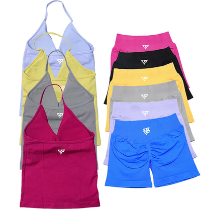 Women’s 2-Piece Yoga Set – Seamless Gym Outfit with Shorts & Lace-Up Sports Bra, High Quality Fitness Activewear Set