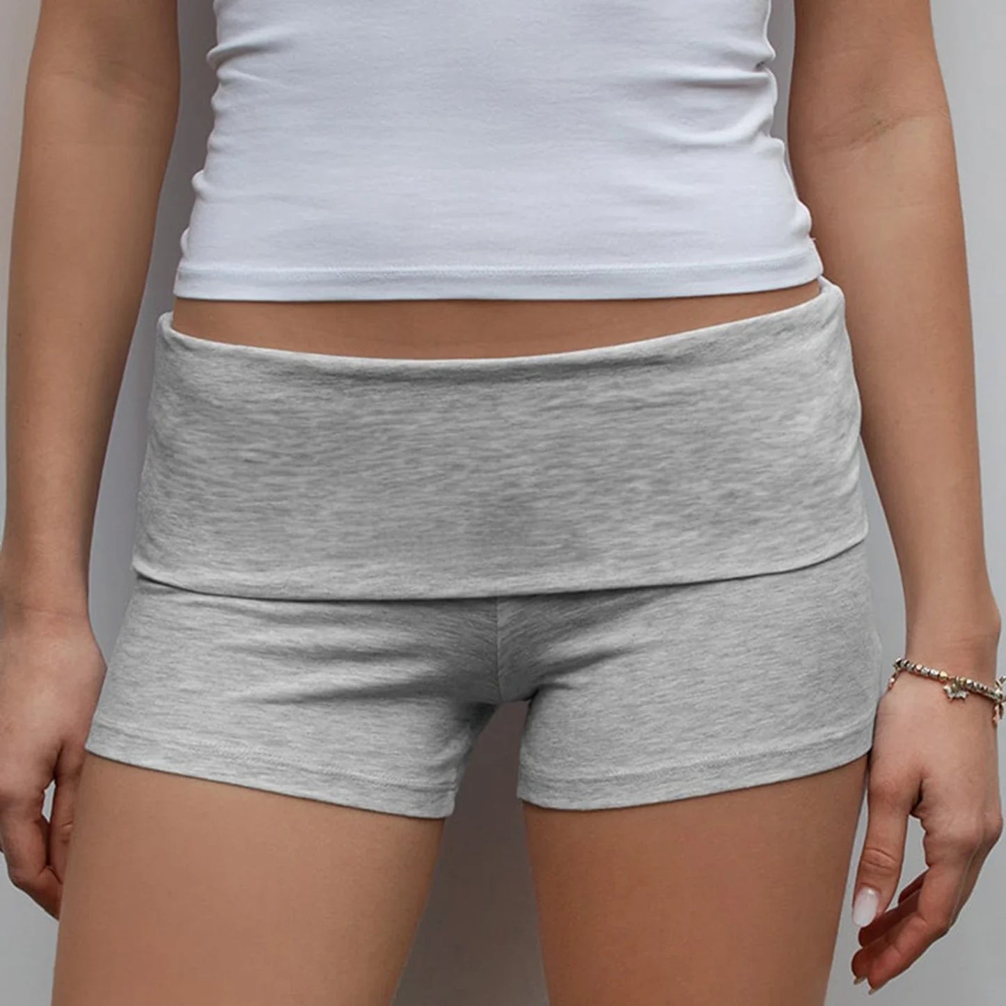 Summer Women’s Slim Solid Color Yoga Shorts — Casual Fold-Over Low Waist Lounge Shorts