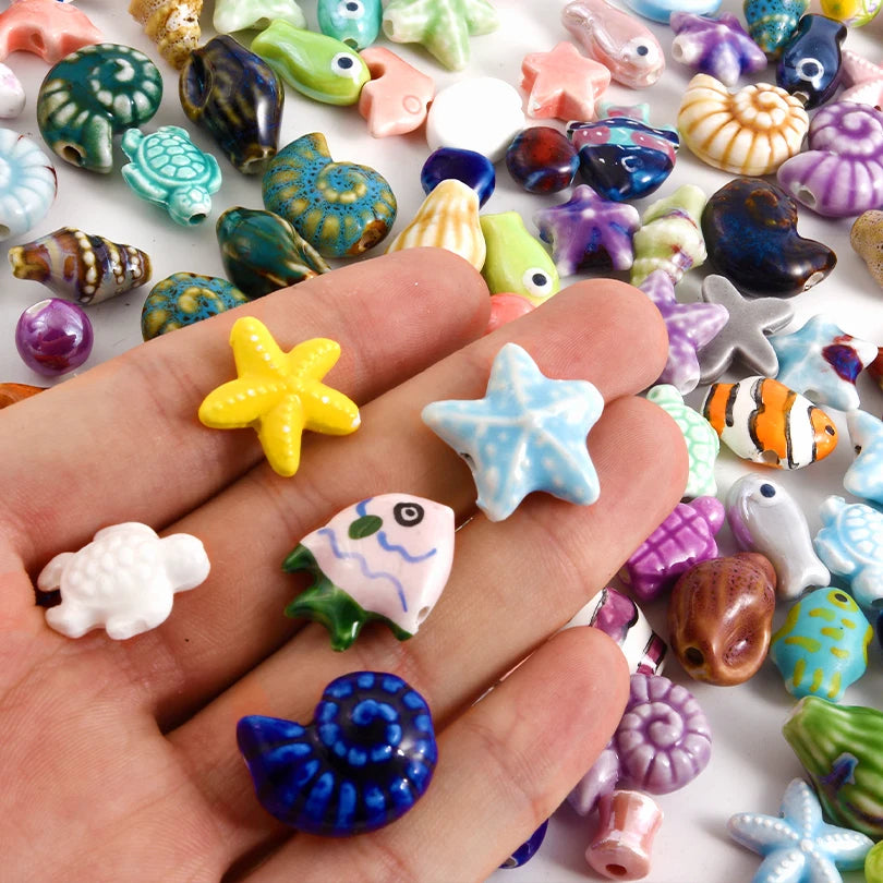 10/20/30PCS Colorful Ceramic Animal Beads – 2mm Hole Clownfish, Turtle, Star & Conch Shell for DIY Jewelry, Bracelets & Crafts