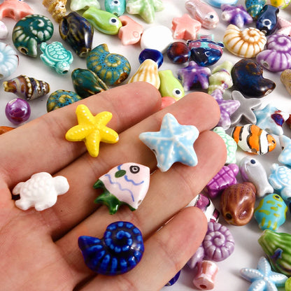 10/20/30PCS Colorful Ceramic Animal Beads – 2mm Hole Clownfish, Turtle, Star & Conch Shell for DIY Jewelry, Bracelets & Crafts