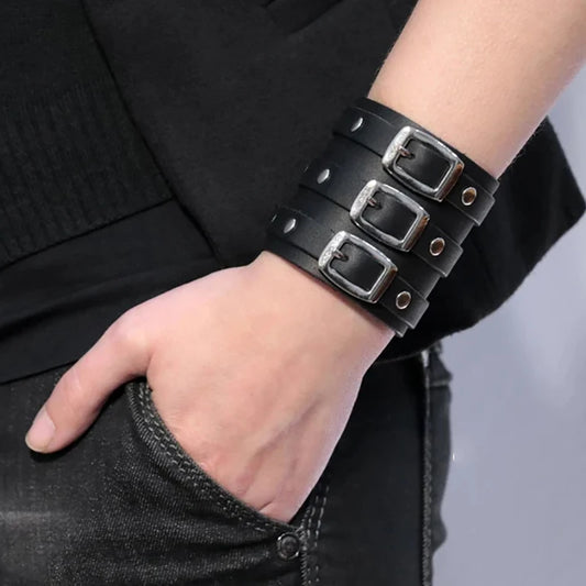 Vintage Leather Cuff Bracelet - Gothic Punk Adjustable Wristband with Concealed Buckle, Men's Metal Armband Jewelry