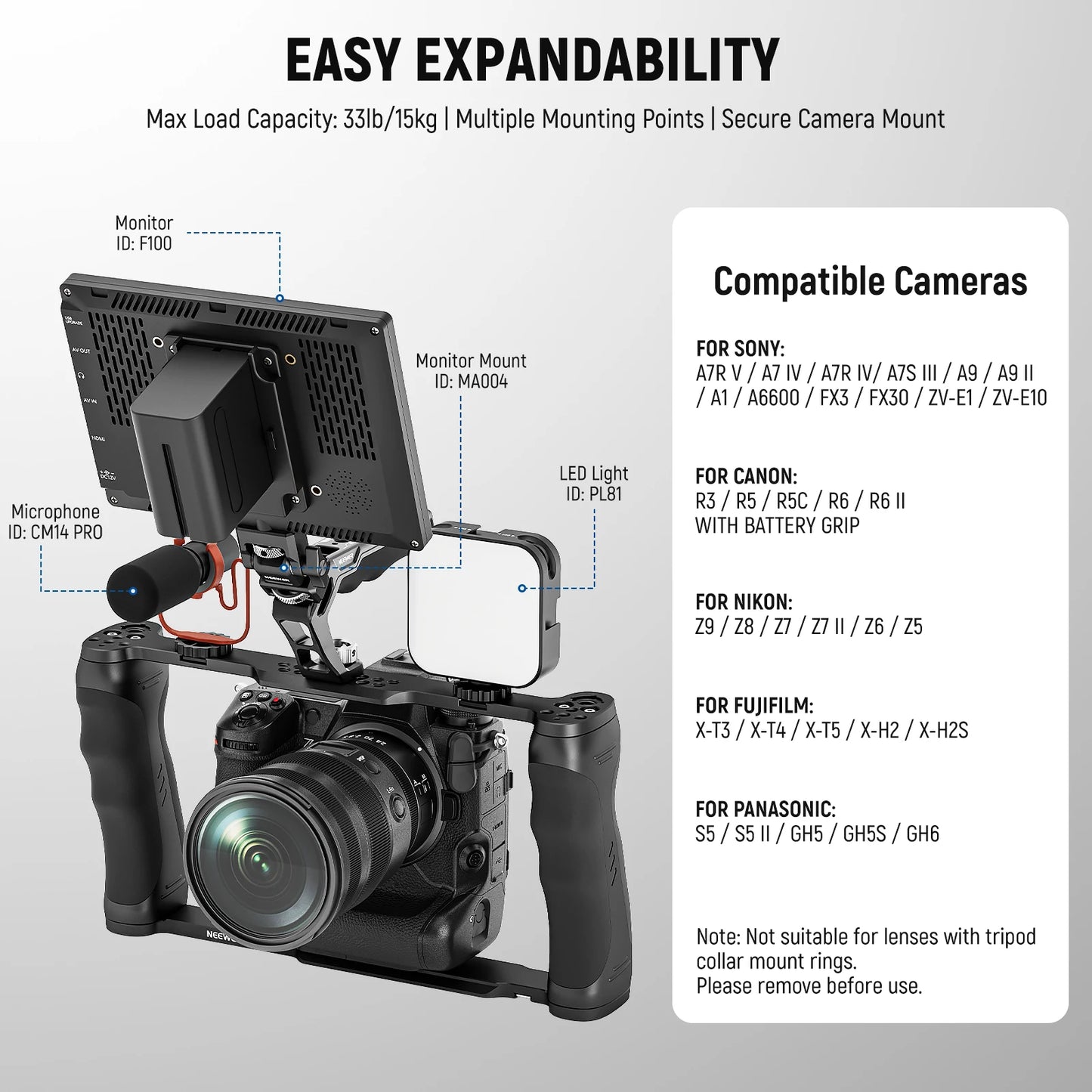NEEWER Universal Camera Cage with Top Handle – 3/8” ARRI Locating Video Rig Stabilizer with Arca-Type Base for DSLR & Mirrorless Cameras