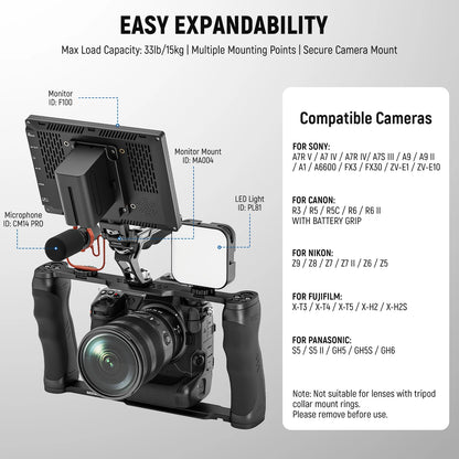 NEEWER Universal Camera Cage with Top Handle – 3/8” ARRI Locating Video Rig Stabilizer with Arca-Type Base for DSLR & Mirrorless Cameras