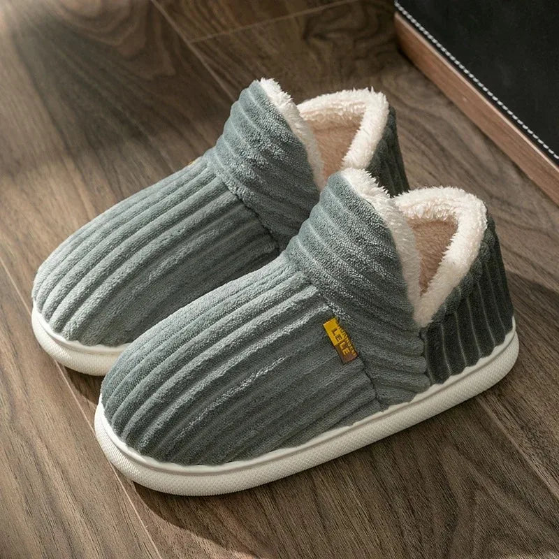 Winter Couple Striped Plush Slippers – Soft Non-Slip Warm Cotton Home Shoes for Men & Women