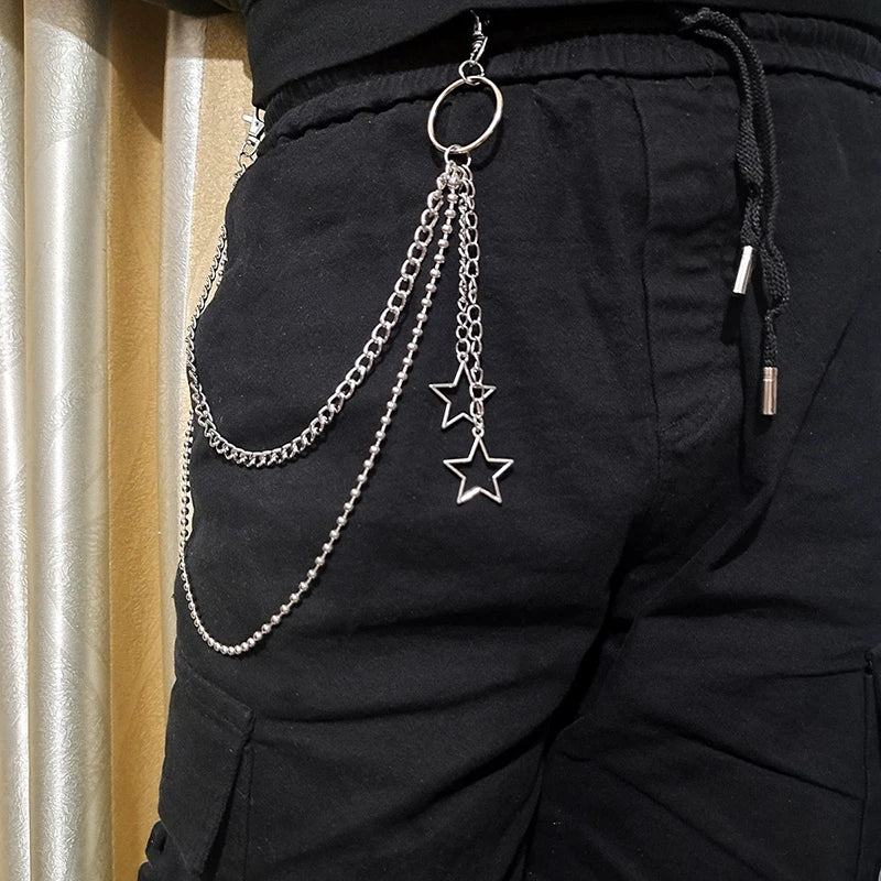 Punk Street Moon & Star Keychain – Goth Skull Rivet Waist Chain for Jeans, Unisex Rock Accessories