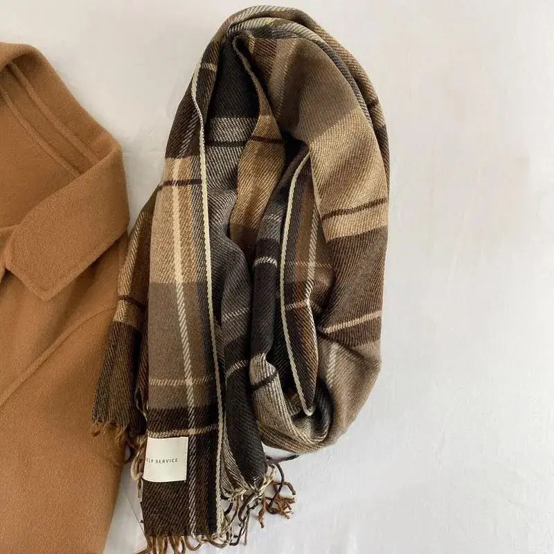 Women's Winter Korean-Style Scarf - British Classic Checkered Thickened Neck Warmer for Students - Unisex Autumn/Winter Accessory