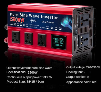 5500W Pure Sine Wave Inverter - DC 12v/24v/48v/60v/72v to AC 110v/220v Voltage Converter for Car & Solar Power