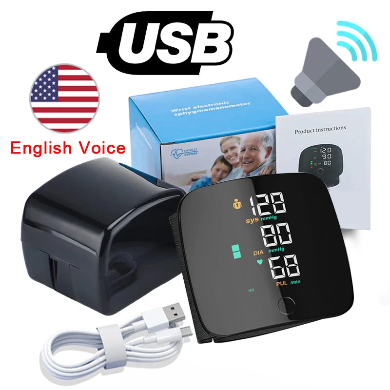 LED Rechargeable Wrist Blood Pressure Monitor – English, Russian, Portuguese, Spanish Voice Broadcast Tonometer