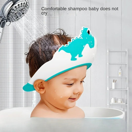 Baby Waterproof Shampoo Cap - Soft Rubber Adjustable Hair Wash Hat with Ear Protection & Dinosaur Design
