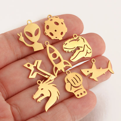 5-Piece Stainless Steel Charm Set - Magic Cube, Cross, Space Rocket, Boxing Glove, and Dinosaur DIY Jewelry Pendants