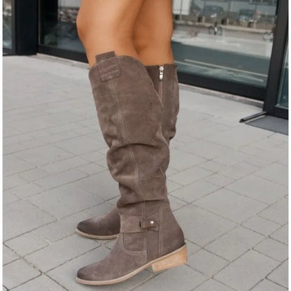 Women’s Thigh-High Suede Boots – Low Heel Side-Zip Knee-High Booties, Retro Autumn Winter Size 43