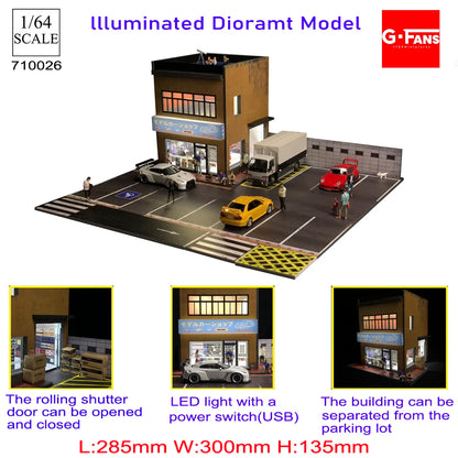 GFans 1:64 Scale Diorama Car Garage Model – LED Lighted Parking Lot DIY City Set for Collection & Display Gifts