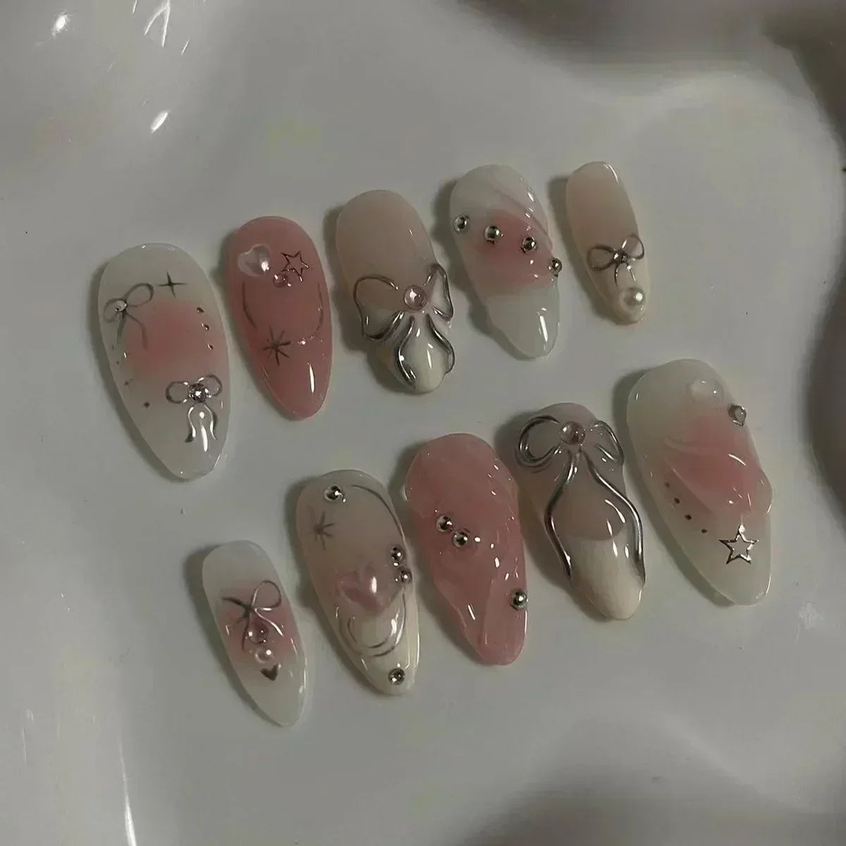24PCS Pink Almond Press On Nails - Butterfly Ballet French Design Artificial Nail Tips for Stylish Nail Art