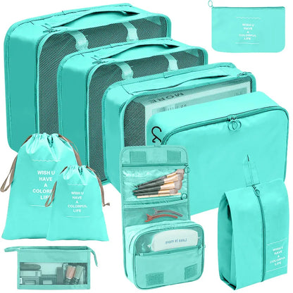 7/8/9/10-Piece Travel Organizer Storage Bags Set - Portable Wardrobe Packing Cubes for Suitcase, Luggage, Clothes, Shoes, Pouch Foldable Design