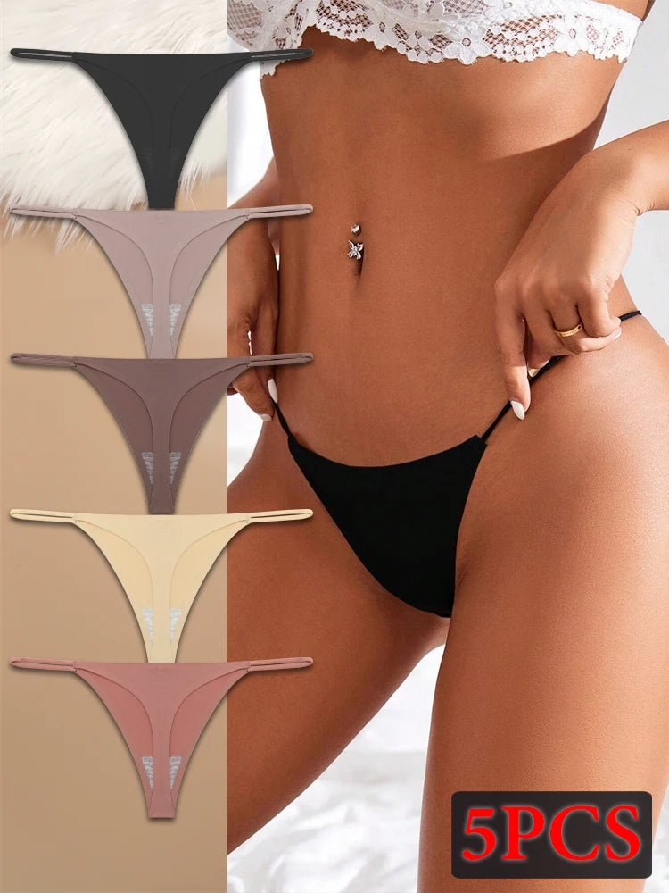 5PCS Seamless Ice Silk Thongs for Women – Low Waist Sexy Bikini T-Back, Solid Color Traceless G-String Panties, XS-XL