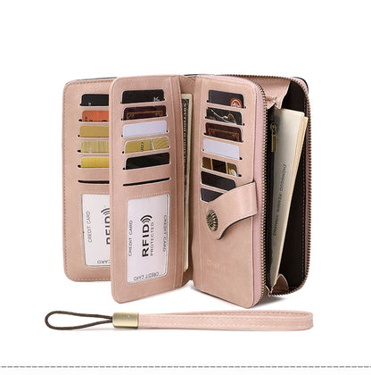 RFID Anti-Theft Retro Large Capacity Women's Wallet – Multi-Card Zipper Wallet with Wrist Strap